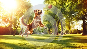 Happy dog playing in summer park with ball