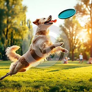 Happy dog playing in summer park with ball