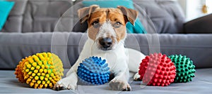 Happy dog playing with toys in cozy living room, leaving room for text or captions