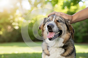 Happy dog receiving head caress, smiling with tongue out against greenery backdrop photo