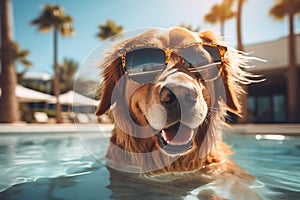 Happy dog relaxing by the pool. Generative AI