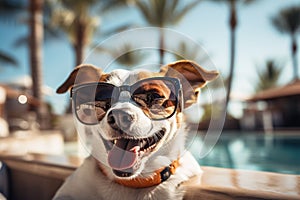 Happy dog relaxing by the pool. Generative AI