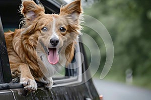 happy dog ??rides in a car and looks out of the window