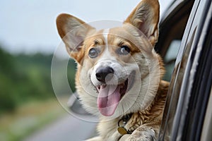 happy dog ??rides in a car and looks out of the window