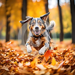 Happy Dog Running In Autumn Leaves