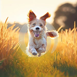 happy dog running and bounding through a field on a beautiful day