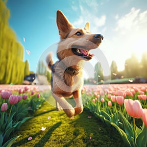 happy dog running and bounding through a field of tulips on a beautiful day