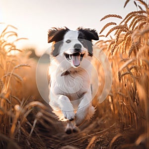 happy dog running and bounding through a wheat field on a beautiful day