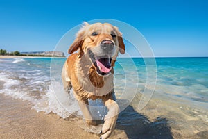Happy dog running on sandy beach with copy space, playful pet enjoying sunny day by the seashore