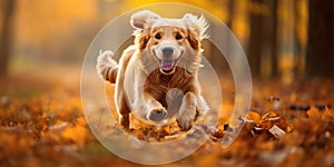 Happy dog running, walking in the leaves, autumn fall banner