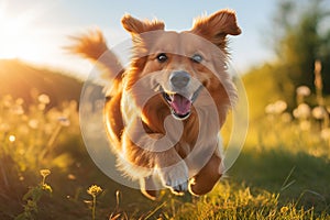 A happy dog runs joyfully across a sunny field, full of playful energy and excitement.