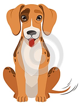 Happy dog sitting and wagging tail. Cartoon pet character