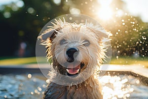 Happy dog splashing and playing gleefully in the water on a bright and sunny summer day