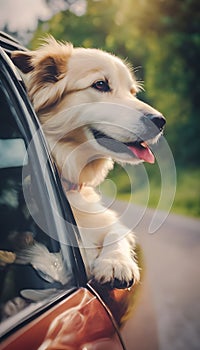 Happy dog sticking head out of car window.