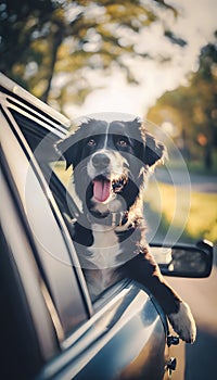 Happy dog sticking head out of car window.