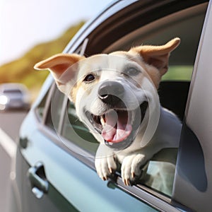 Happy Dog sticking head out of car window while car is driving. ai generative