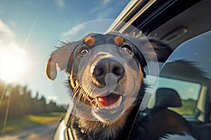 Happy dog sticking head out of open car window.