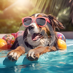 Happy dog in sunglasses resting on inflatable mattress in a swimming pool by the sea or river in summer holiday vacation, rubber