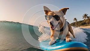 Happy dog in sunglasses rides on a surfboard.