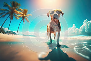 Happy dog with sunglasses on tropical sandy beach with palm trees. Summer holiday vacation on island resort