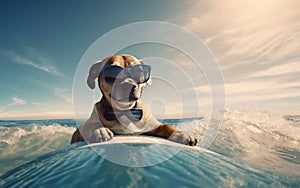 A happy dog on a surfboard catches a wave in the ocean. Horizontal banner. The concept of a summer holiday by the sea. Created