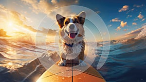 A happy dog on a surfboard catches a wave in the ocean. Horizontal banner. The concept of a summer holiday by the sea. Created