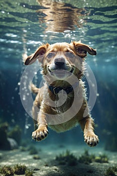 Happy dog swimming underwater and having fun. Happy childhood and summer vacation