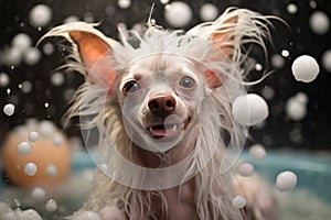 A happy dog takes a bath with foam and soap bubbles in pet grooming salon. Caring for the charming chinese crested puppy