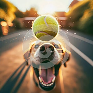 Happy dog with tennis ball and ball on the background of the road