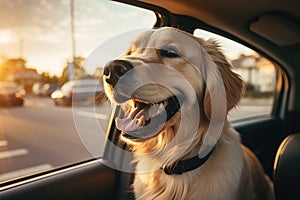 A happy dog traveling in the car