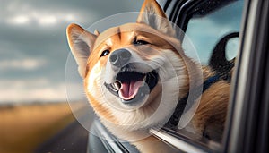 happy dog traveling in car, AI based