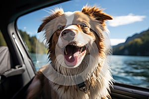 Happy dog travelling and enjoying life. AI Generated