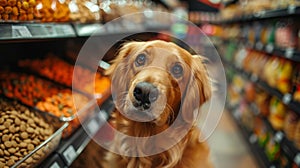 Happy dog woth Pet Food Store on background