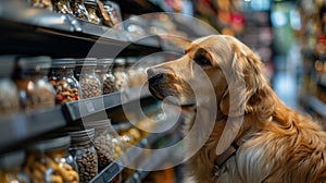 Happy dog woth Pet Food Store on background