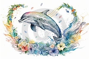Happy dolphin in hand drawing watercolor style with summer flower decoration