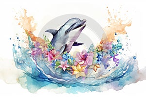 Happy dolphin in hand drawing watercolor style with summer flower decoration