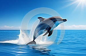 Happy dolphin in the sea in the rays of light