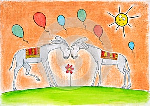 Happy donkeys with balloons, childs drawing, water