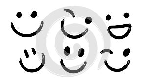 Happy Doodle Smile Collection Isolated on White Background. Simple Faces. Cute Icon Set