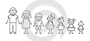 Happy doodle stick mans family. Set of hand drawn figure of family. Mother, father and kids. Vector illustration