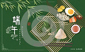 Happy Dragon Boat Festival background template traditional food rice dumpling bamboo leaf realgar wine and filling stuffing.