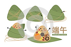 Happy dragon boat festival with cute rice dumpling character. Translate: Dragon boat festival. -Vector