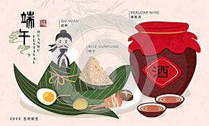 Happy Dragon Boat Festival poet Qu Yuan and traditional food rice dumpling and realgar wine. Chinese translation : Duanwu wine Qu