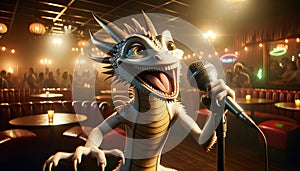 Happy dragon singing at karaoke bar