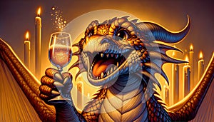 Happy dragon toasting with drink glass