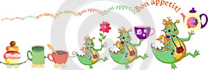 Happy dragons wish bon appetit. Cute card with dragons, teacups and cupcake train.