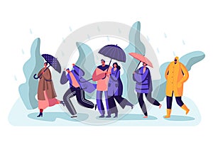 Happy Drenched Passerby People Wearing Boots and Cloaks with Umbrellas Walking Against Wind and Rain , Cold Water Pour From Sky