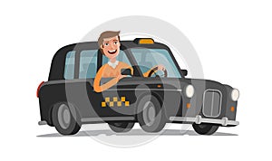 Happy driver is driving taxi. Passenger transportation, car, vehicle concept. Cartoon vector illustration