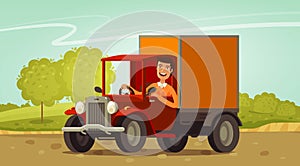 Happy driver rides in retro truck. Delivery, farming concept. Cartoon vector illustration