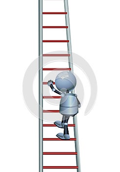 happy droid little robot climbing stair on isolated white